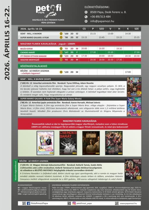 A Petőfi Mozi műsora 2026. április 16-22.